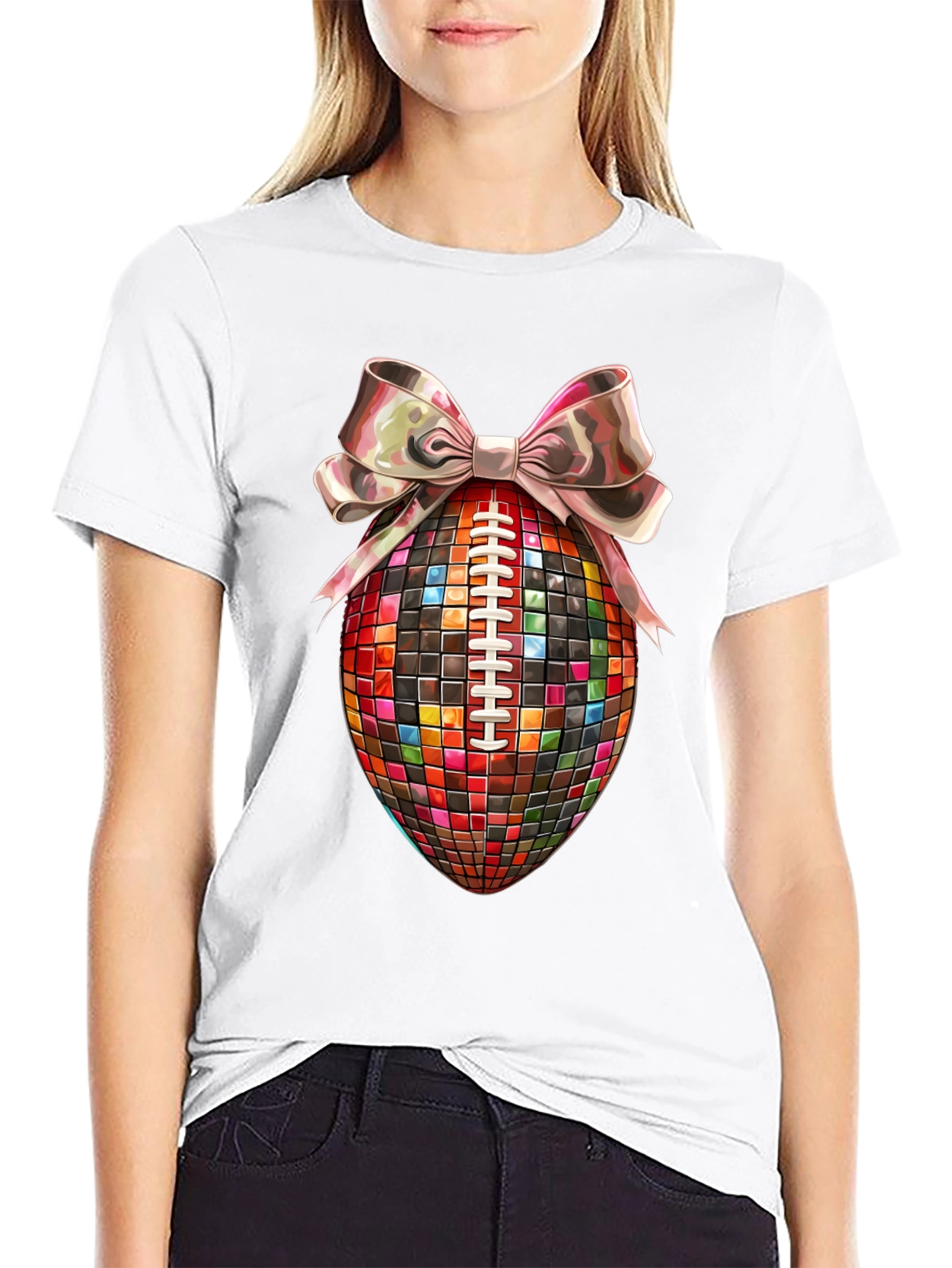 Disco Ball Football Bow T-Shirt