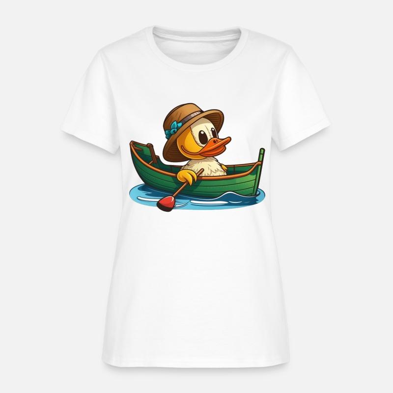 Cute duck in rowboat with summer hat and flower