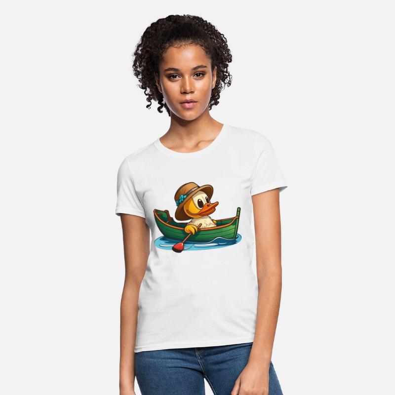 Cute duck in rowboat with summer hat and flower