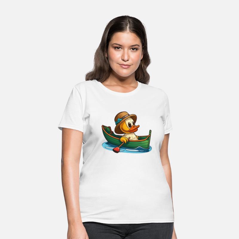 Cute duck in rowboat with summer hat and flower