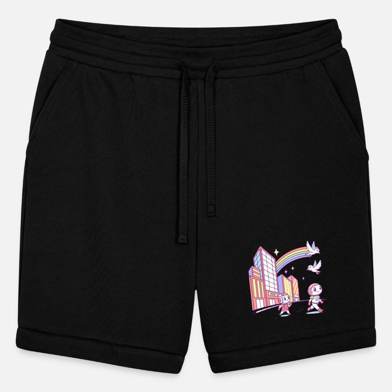 Cute Robots Exploring City with Rainbow and Birds