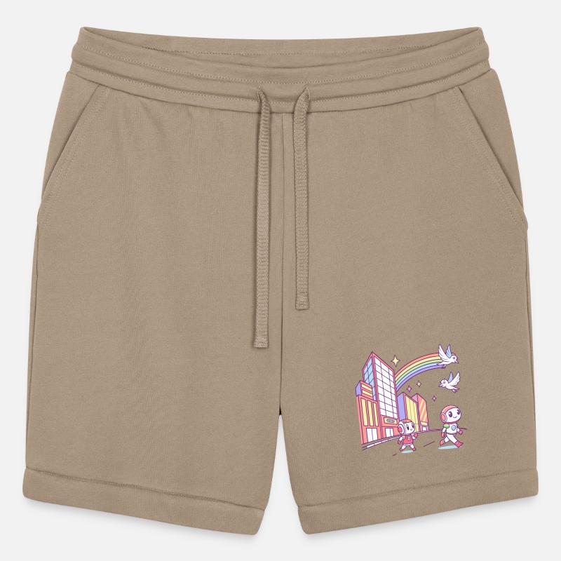 Cute Robots Exploring City with Rainbow and Birds