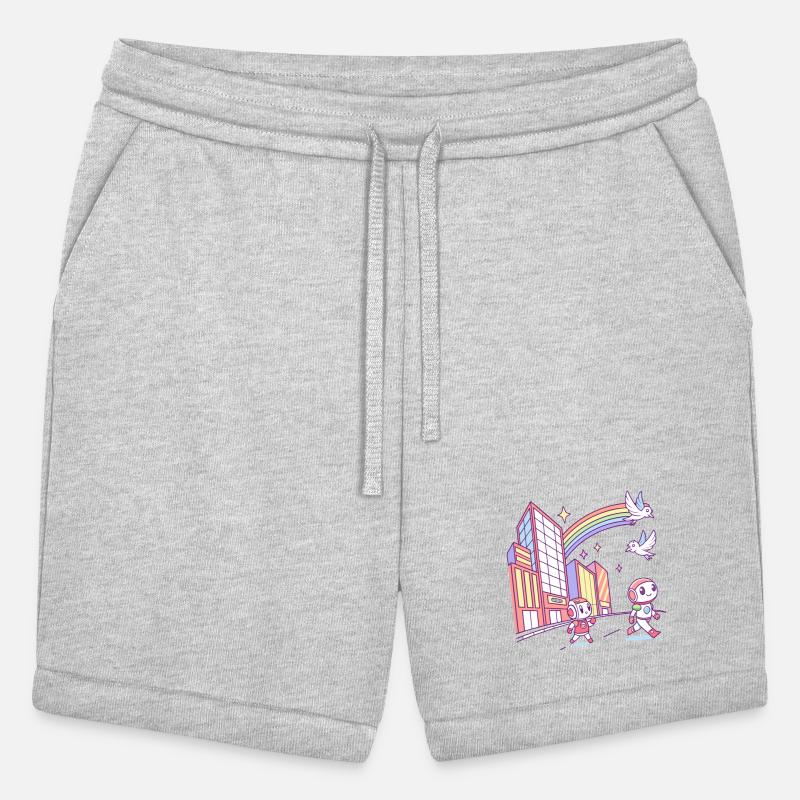 Cute Robots Exploring City with Rainbow and Birds