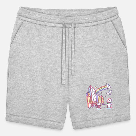 Cute Robots Exploring City with Rainbow and Birds