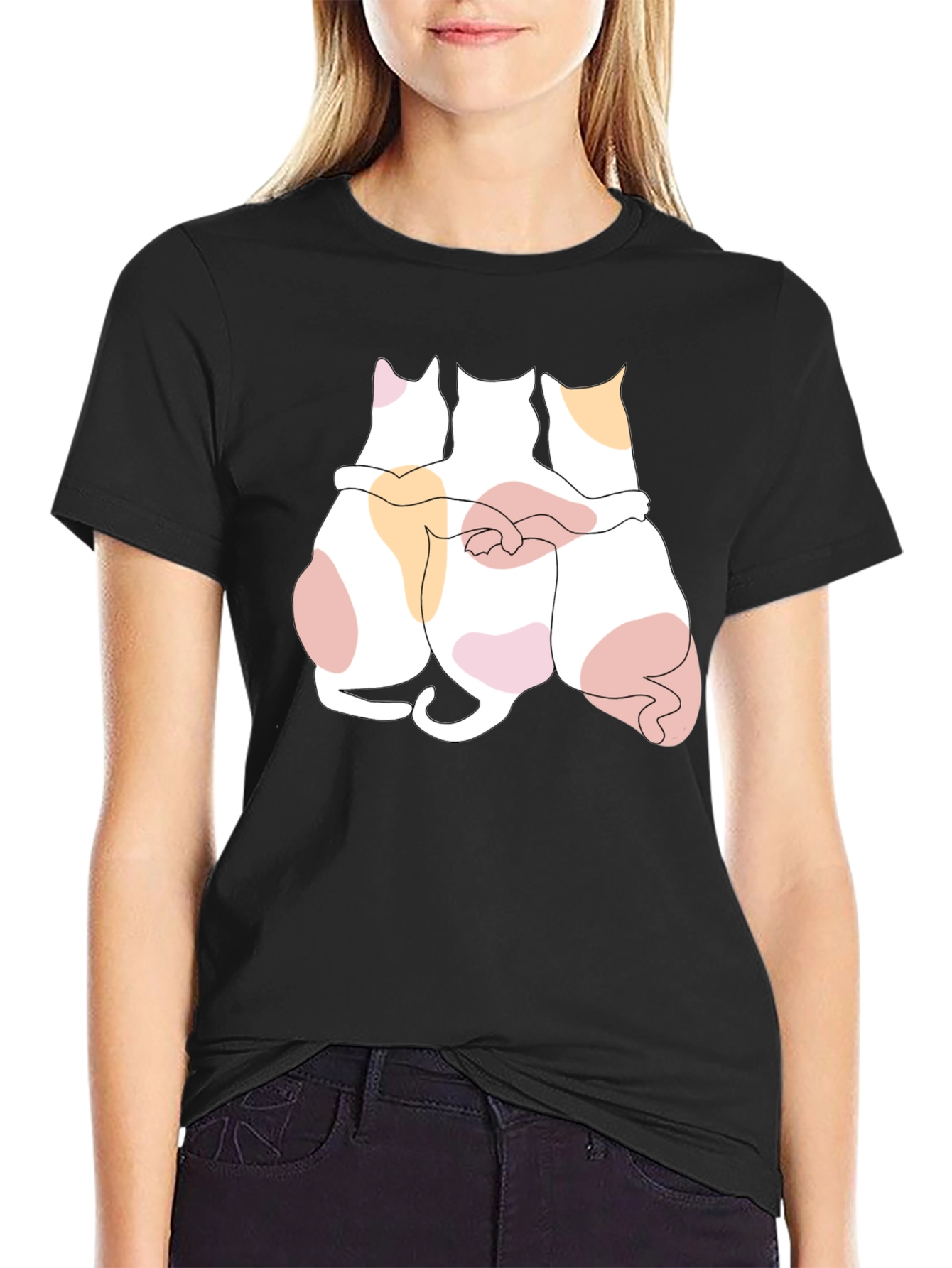 Cats Hugging Graphic Black T-Shirt