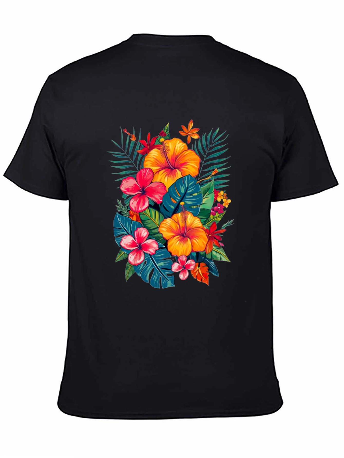 Tropical Hibiscus Print Black T-Shirt