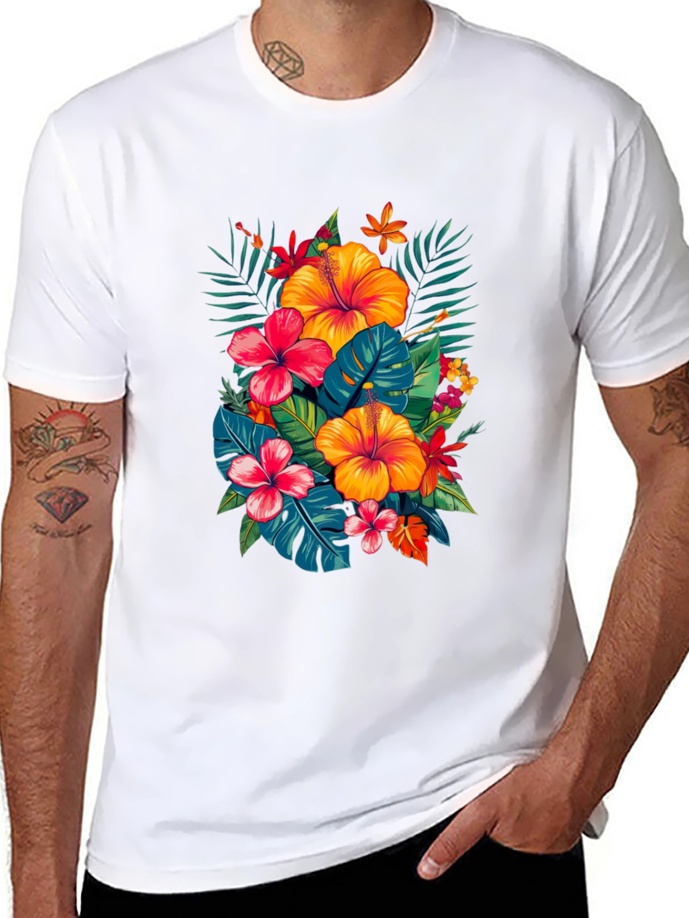 Tropical Hibiscus Print Black T-Shirt