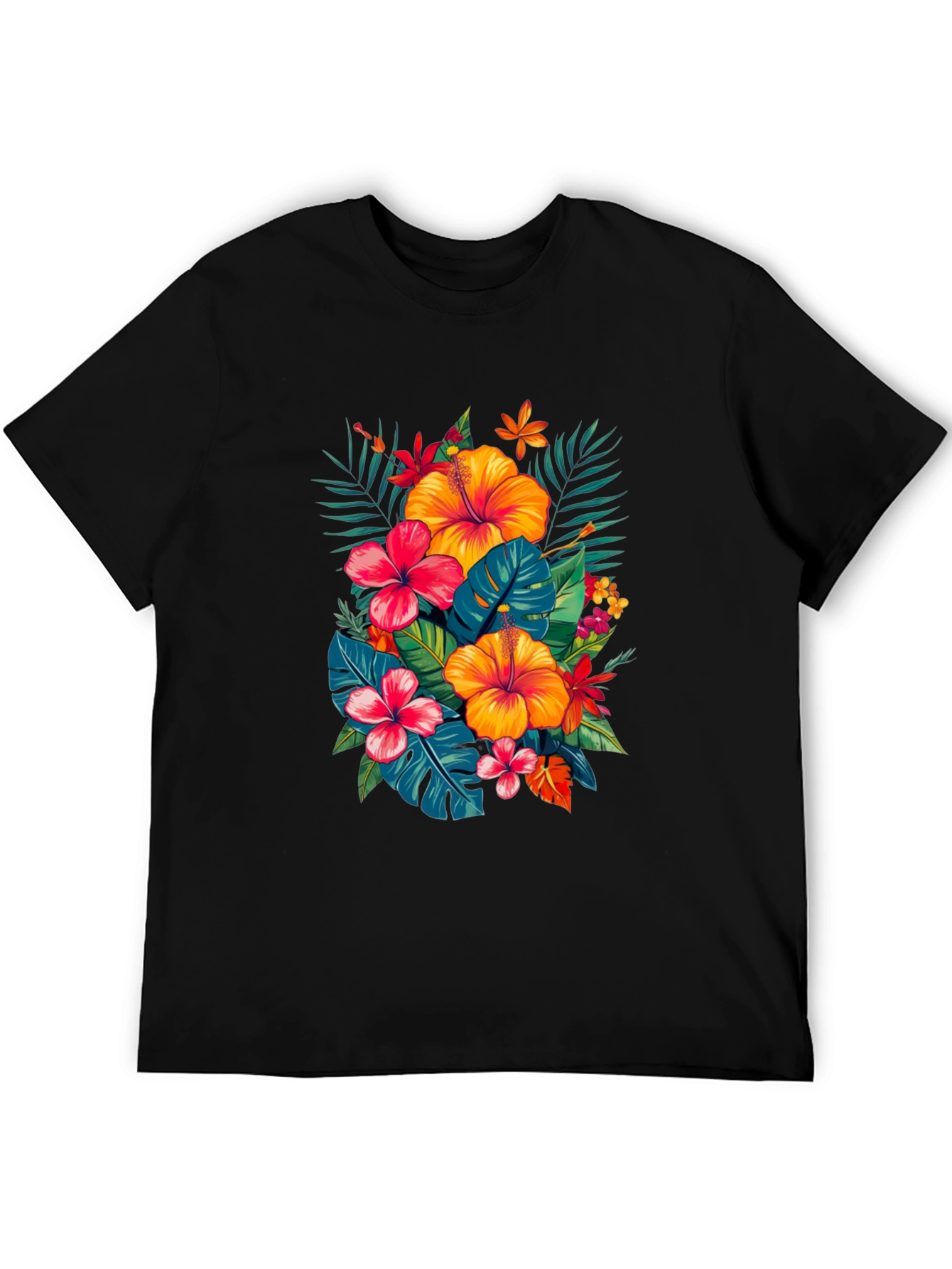Tropical Hibiscus Print Black T-Shirt