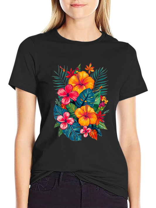 Tropical Hibiscus Print Black T-Shirt