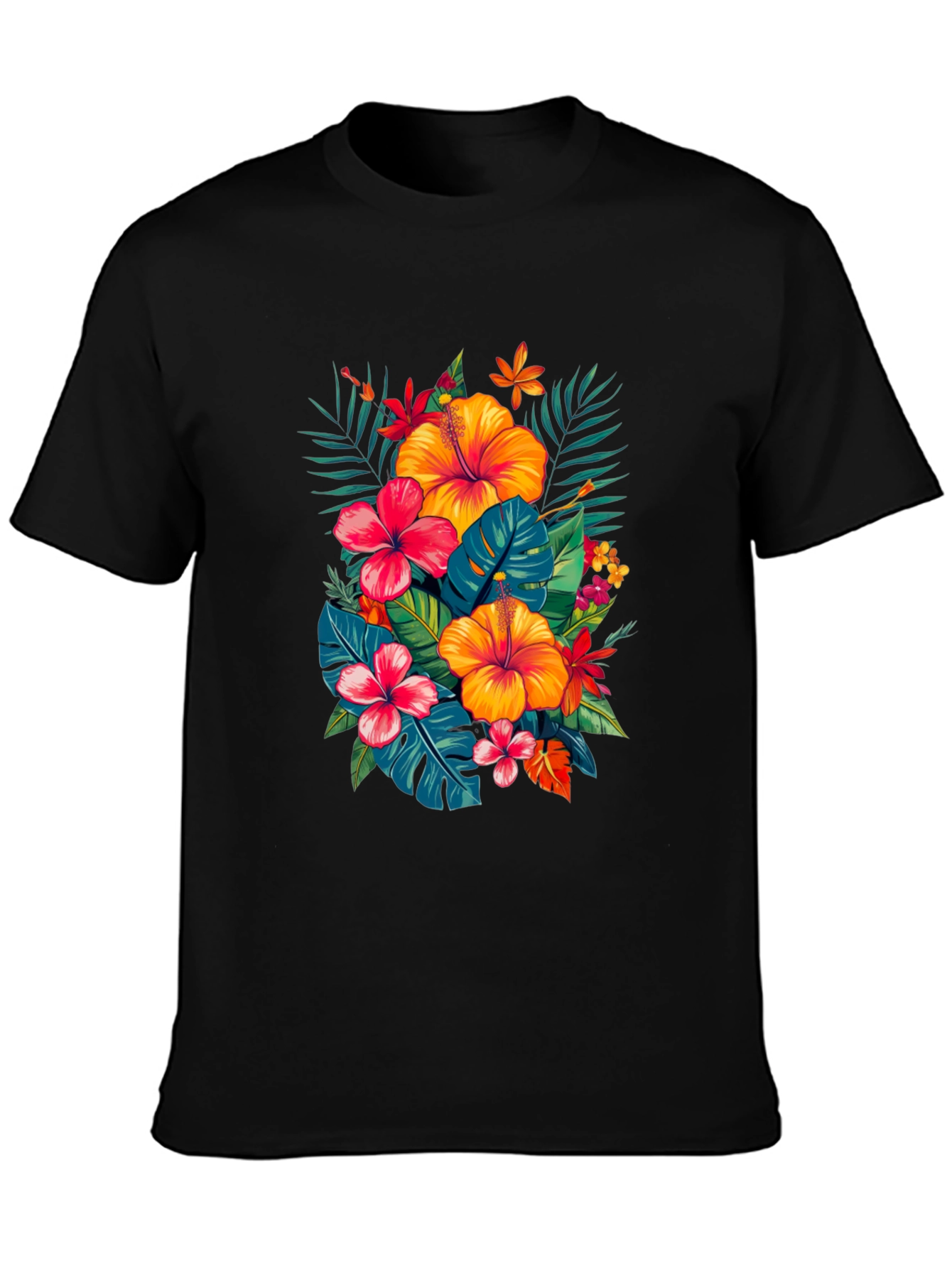 Tropical Hibiscus Print Black T-Shirt