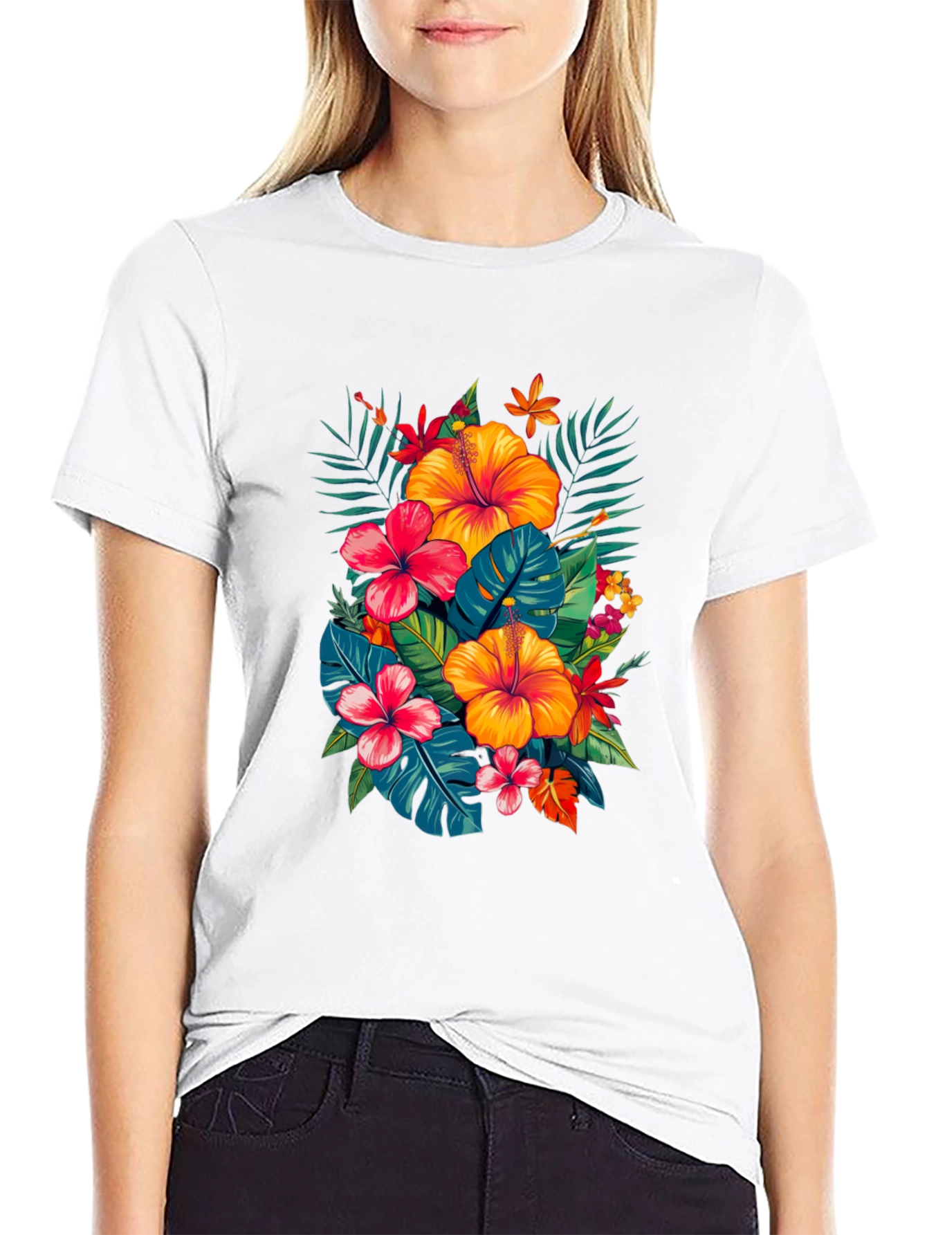 Tropical Hibiscus Print Black T-Shirt