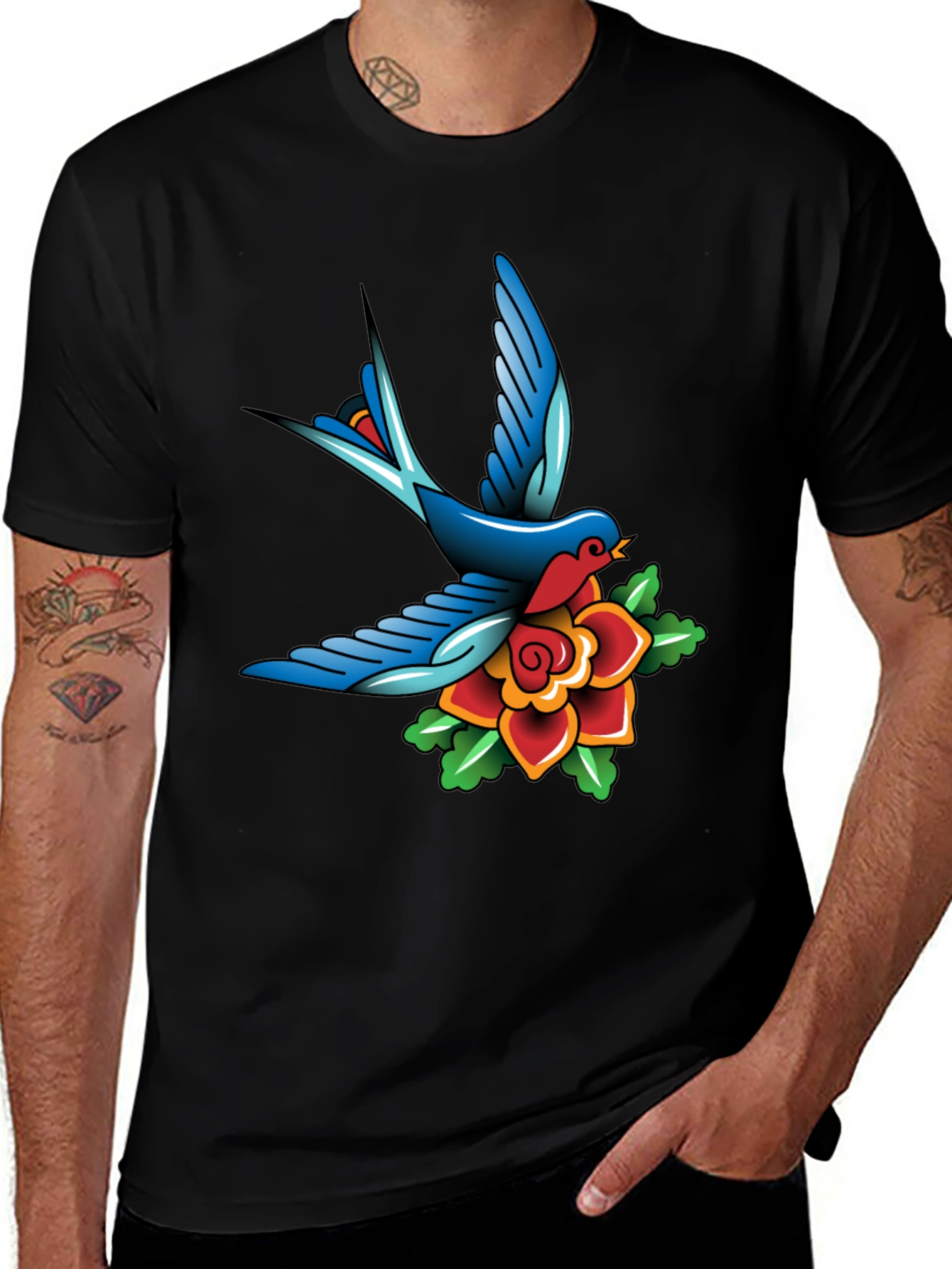 Classic Tattoo Style Bird and Rose Graphic Tee