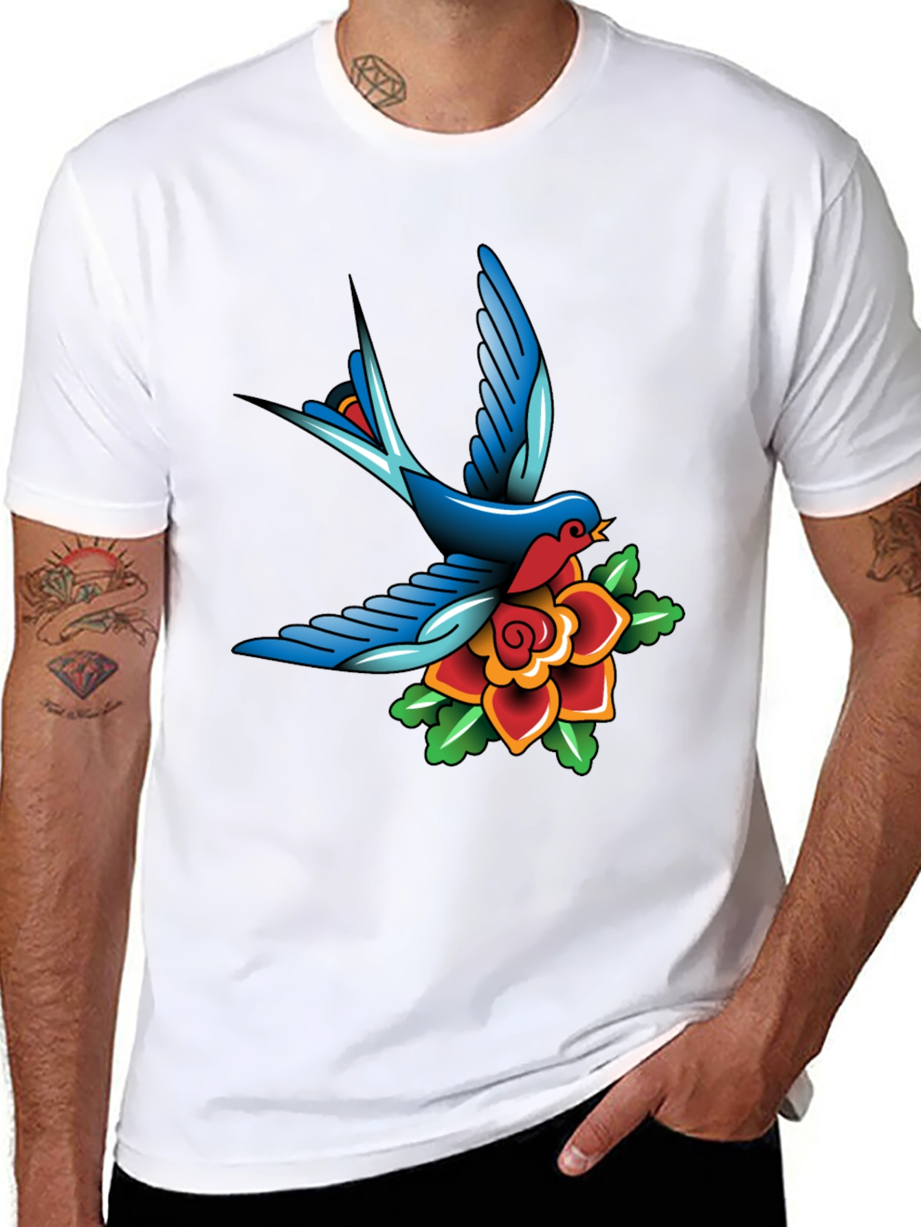 Classic Tattoo Style Bird and Rose Graphic Tee
