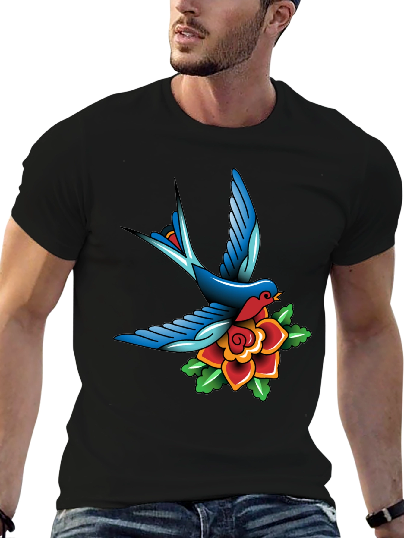 Classic Tattoo Style Bird and Rose Graphic Tee