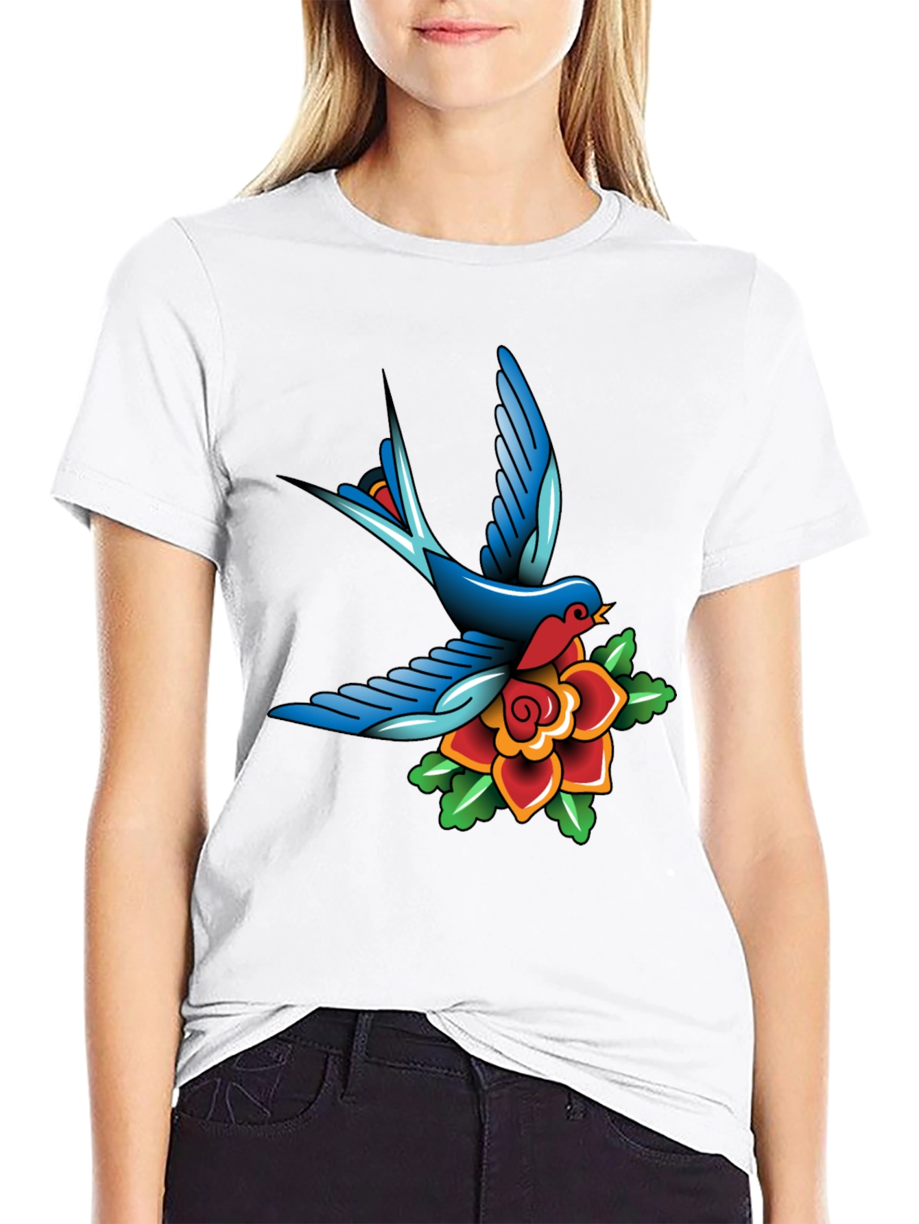 Classic Tattoo Style Bird and Rose Graphic Tee