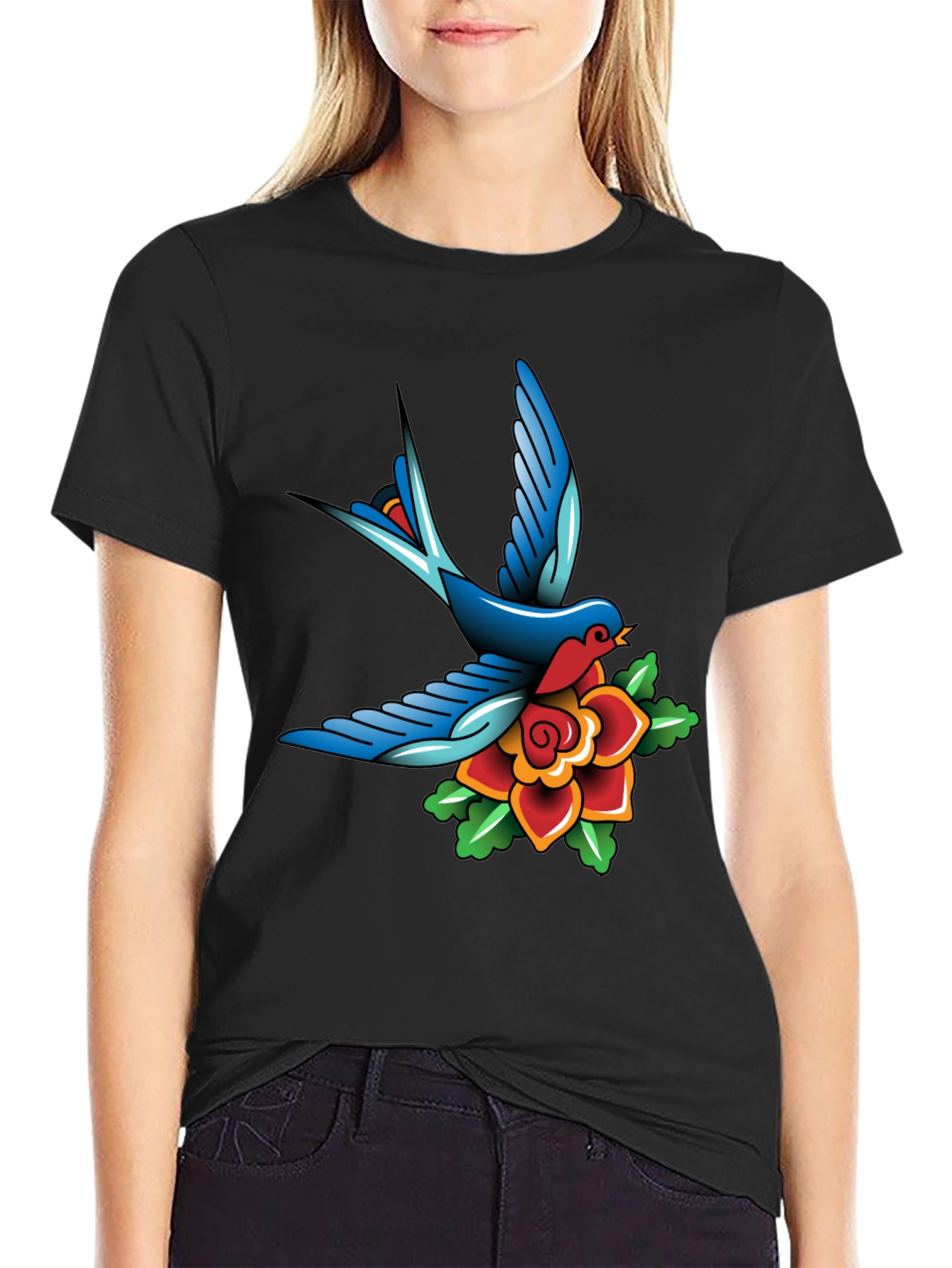 Classic Tattoo Style Bird and Rose Graphic Tee