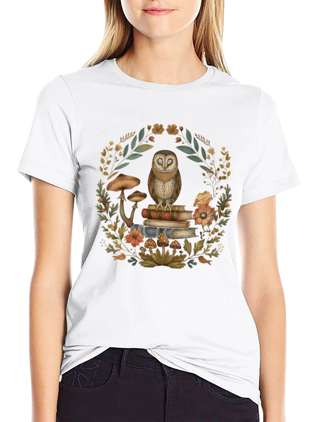 Owl on Books T-Shirt - Nature Lover Tee