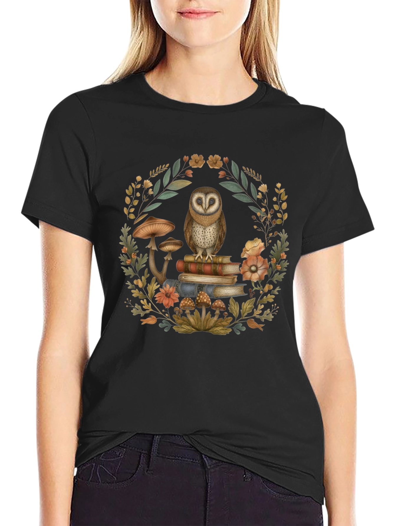 Owl on Books T-Shirt - Nature Lover Tee