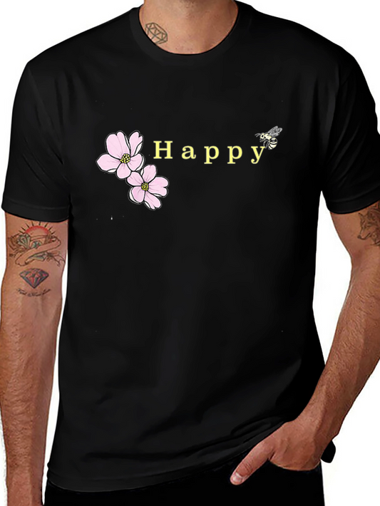 Happy Floral Bee T-Shirt - Black Cotton Blend Casual Tee