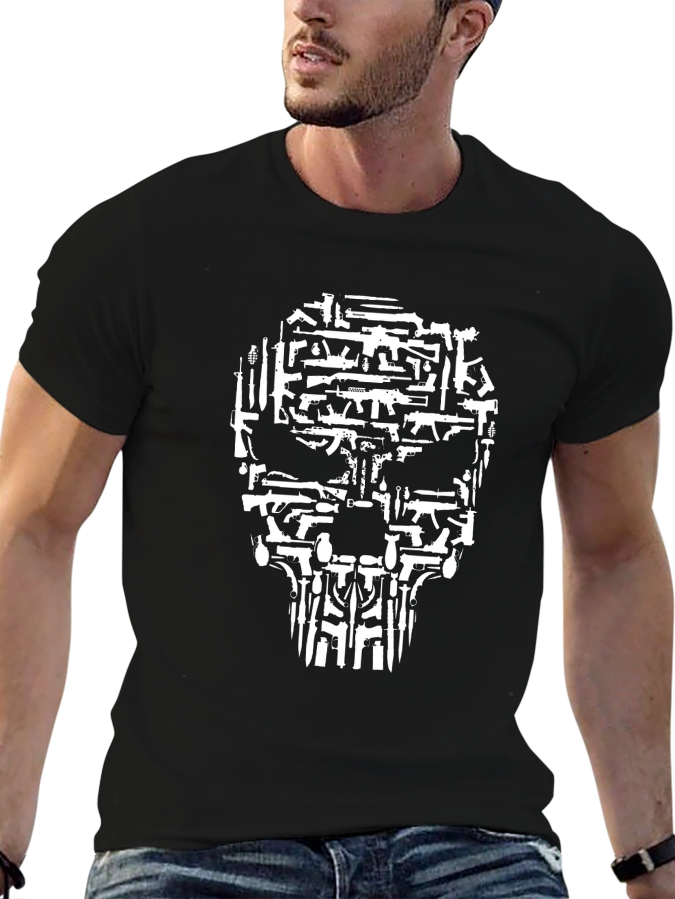 Gun Skull Graphic Tee - Black Crew Neck T-Shirt