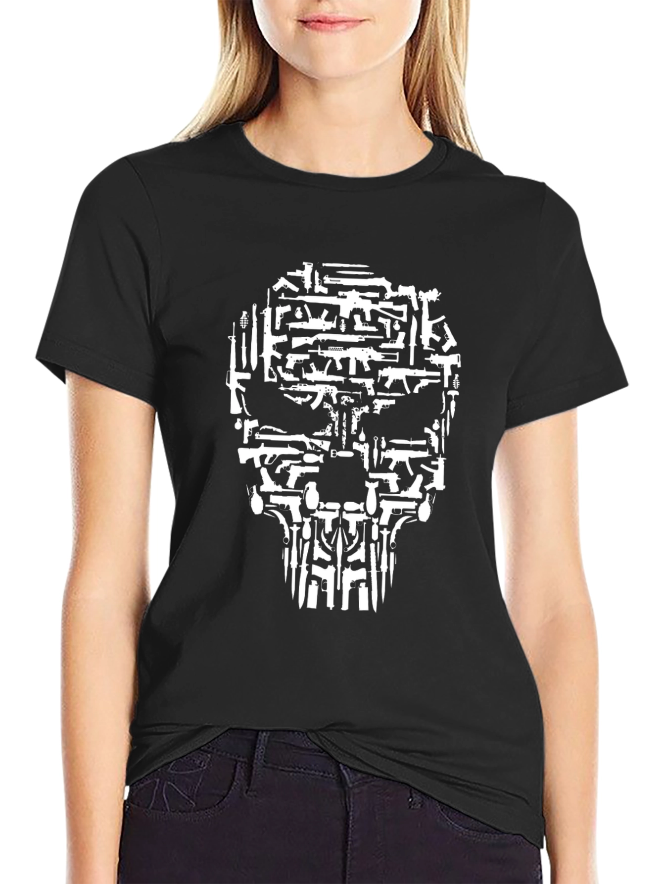 Gun Skull Graphic Tee - Black Crew Neck T-Shirt