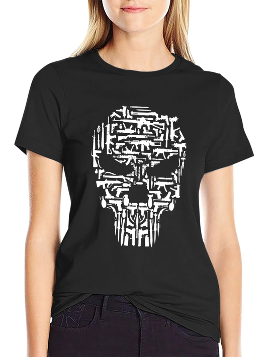 Gun Skull Graphic Tee - Black Crew Neck T-Shirt