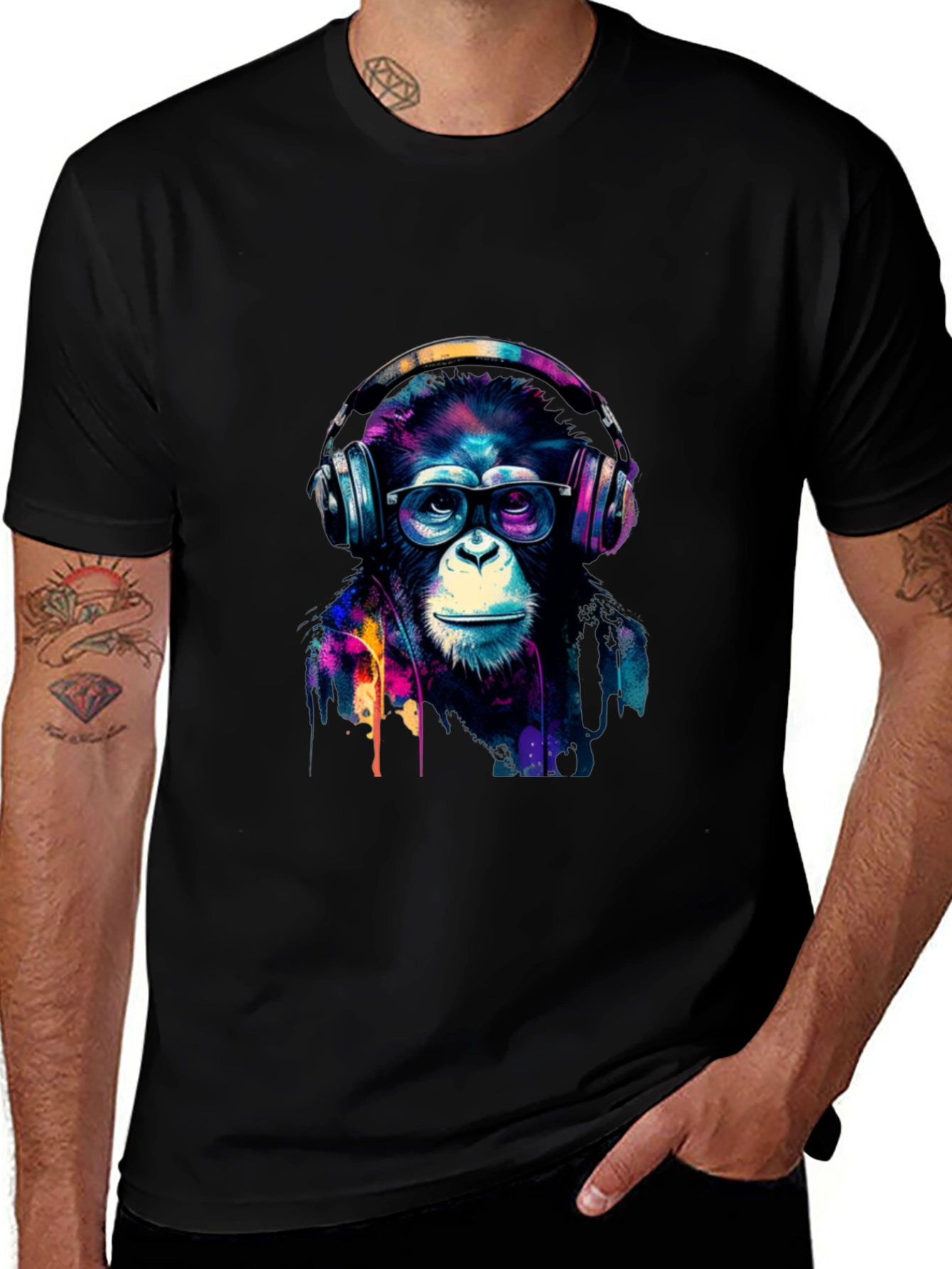 Cool Monkey Headphone Graphic Black T-Shirt