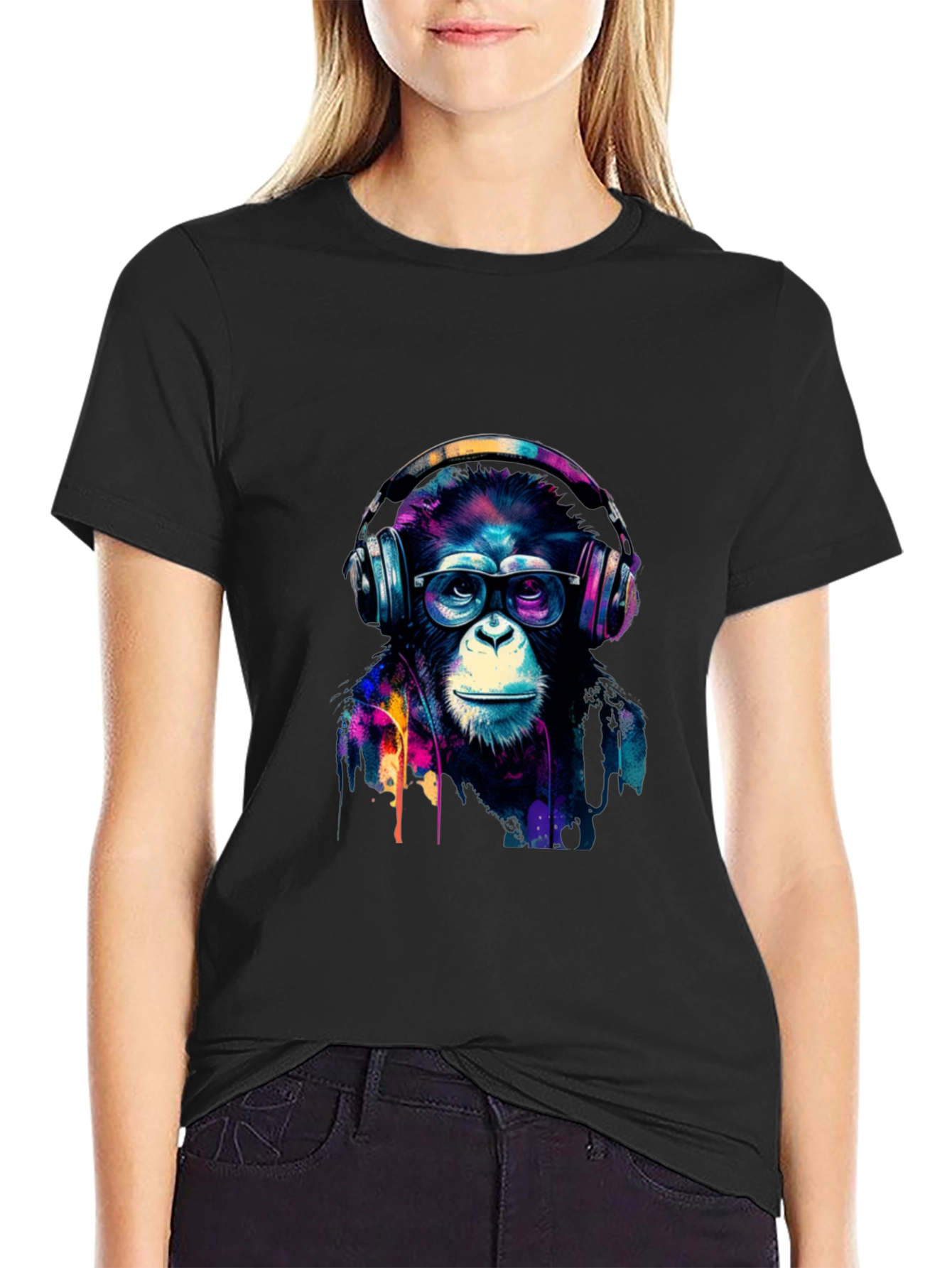 Cool Monkey Headphone Graphic Black T-Shirt