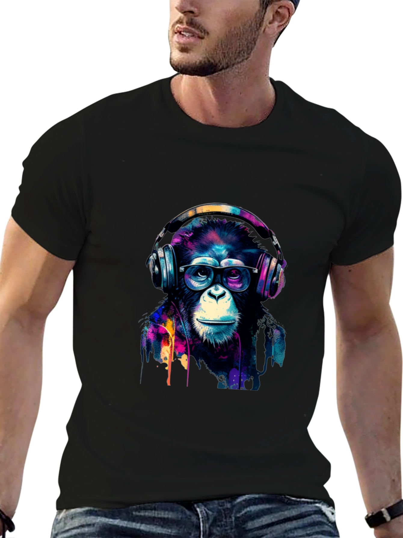 Cool Monkey Headphone Graphic Black T-Shirt