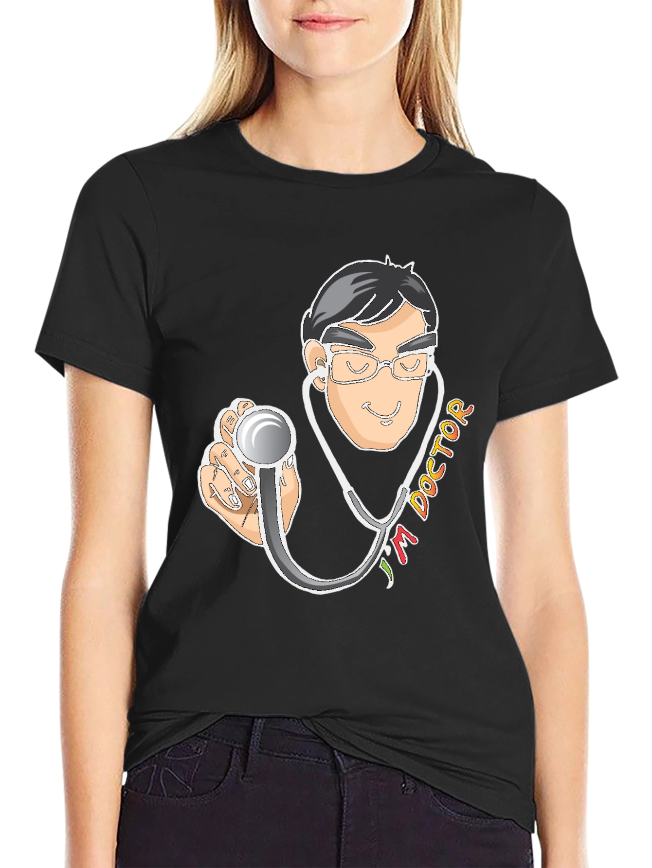 Doctor Cartoon Graphic Black T-Shirt