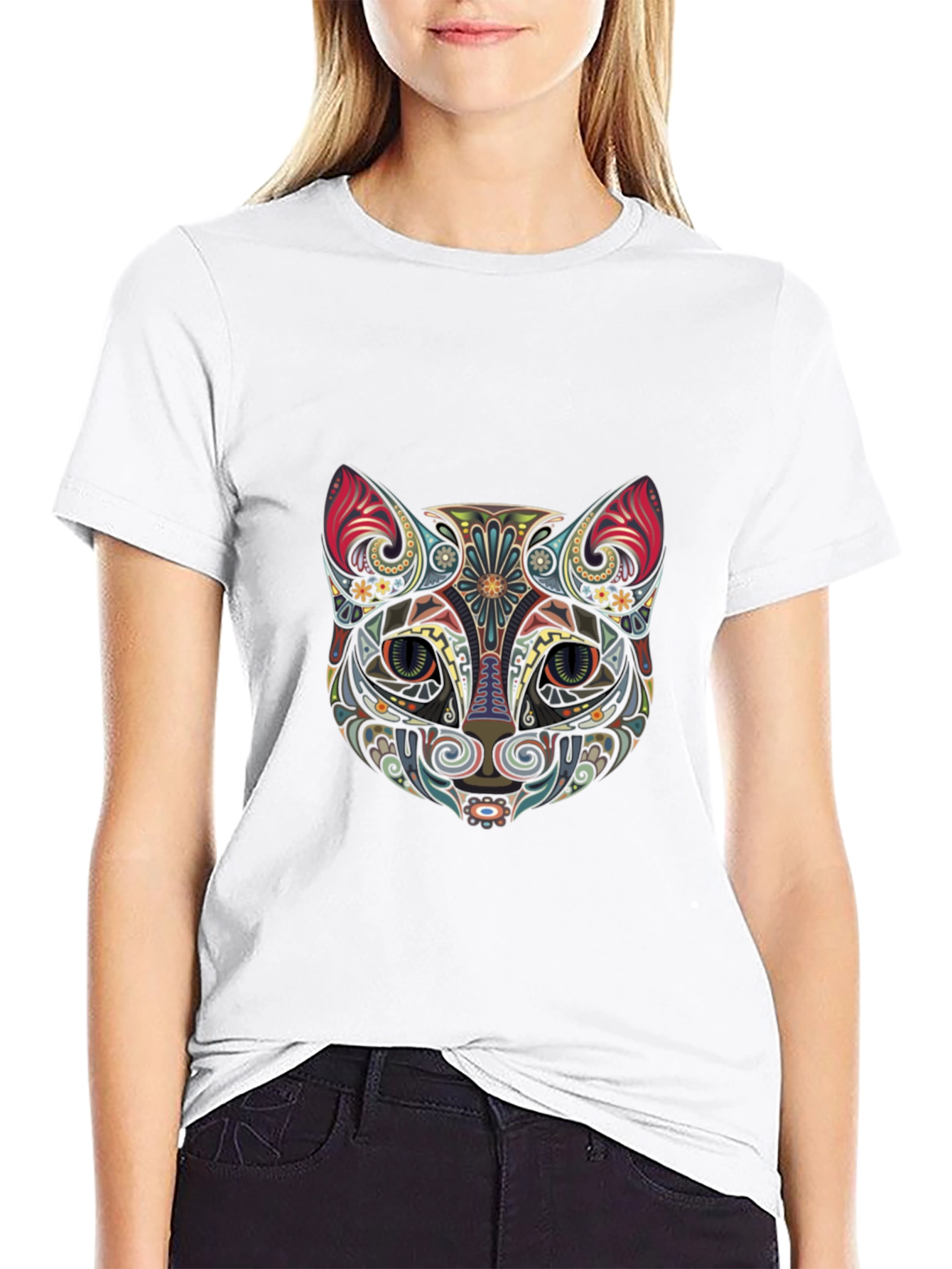 Abstract Cat Graphic Tee - Stylish Black T-Shirt