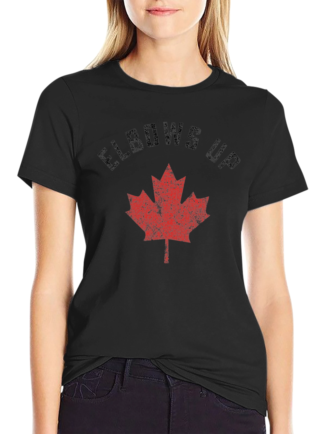 Elbows Up Maple Leaf Graphic Tee - Black