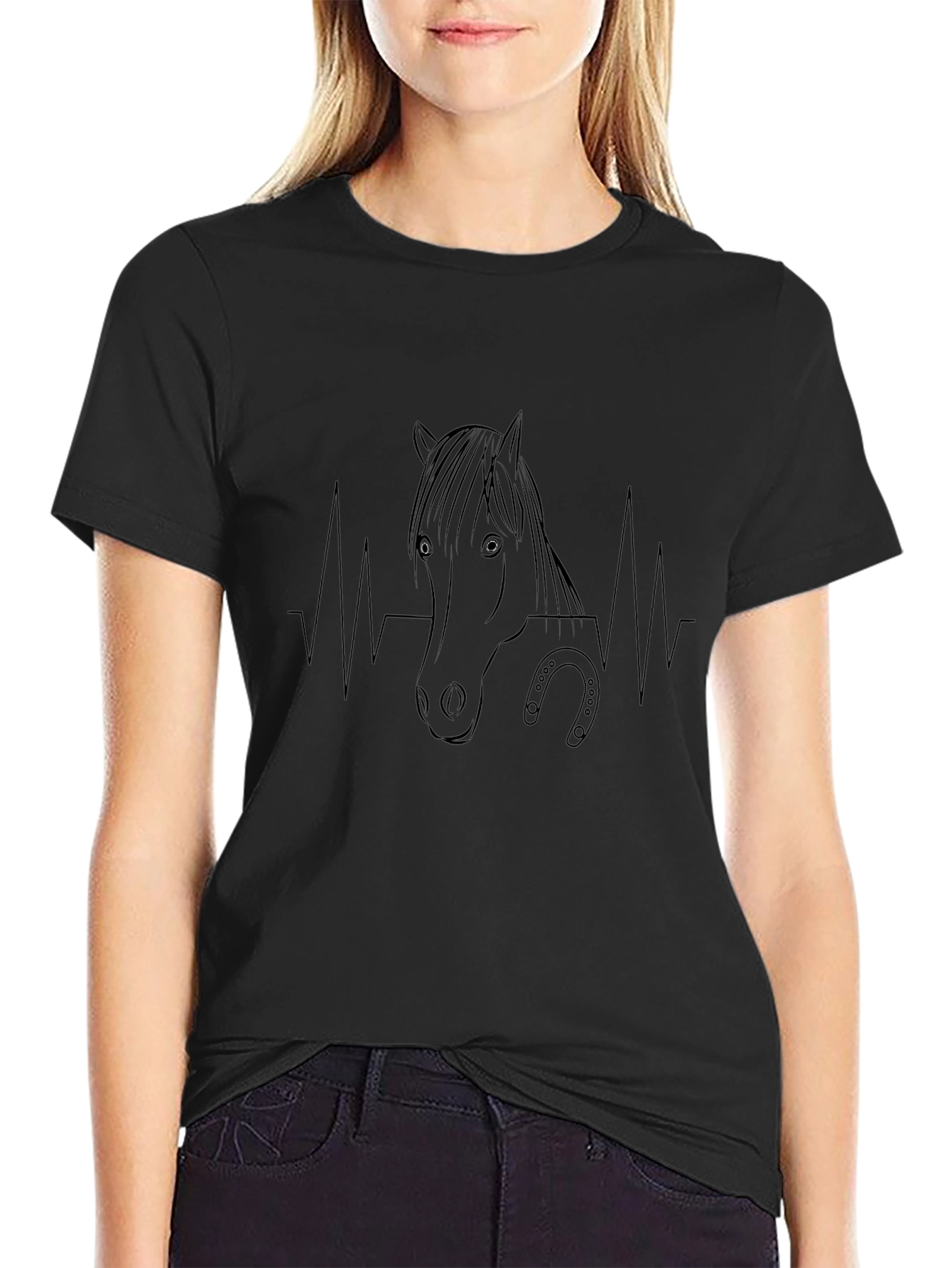 Horse Heartbeat Line Art Black T-Shirt