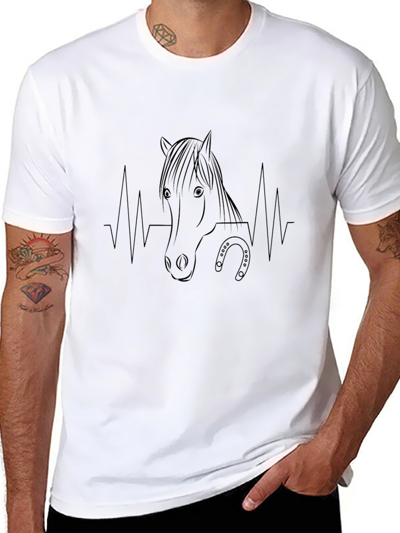 Horse Heartbeat Line Art Black T-Shirt