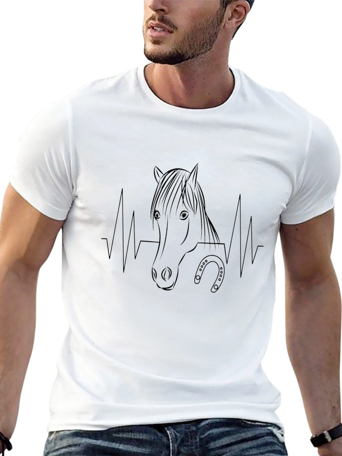 Horse Heartbeat Line Art Black T-Shirt