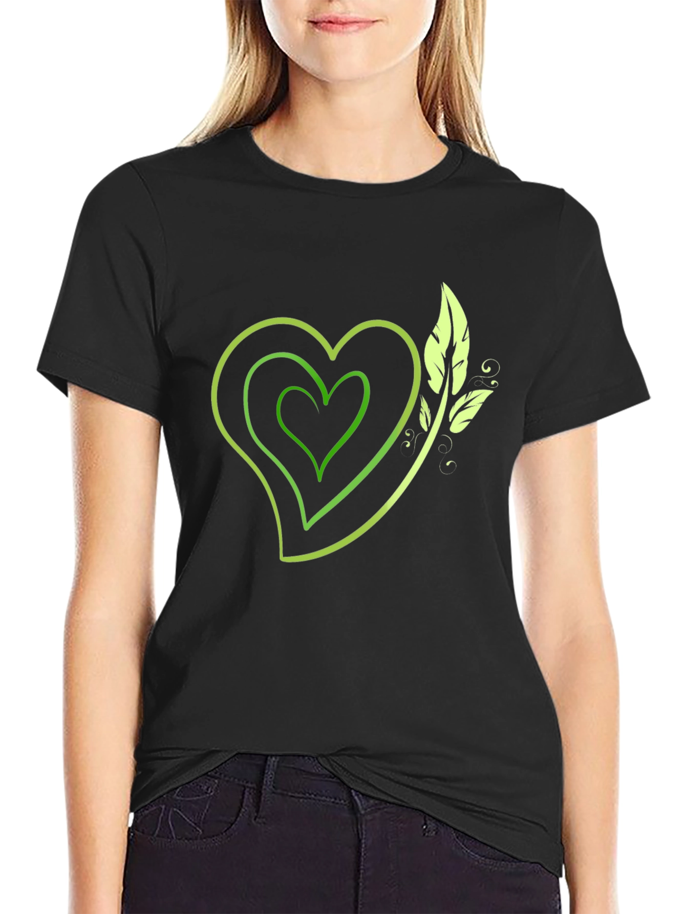 Green Heart & Leaf Graphic Black T-Shirt