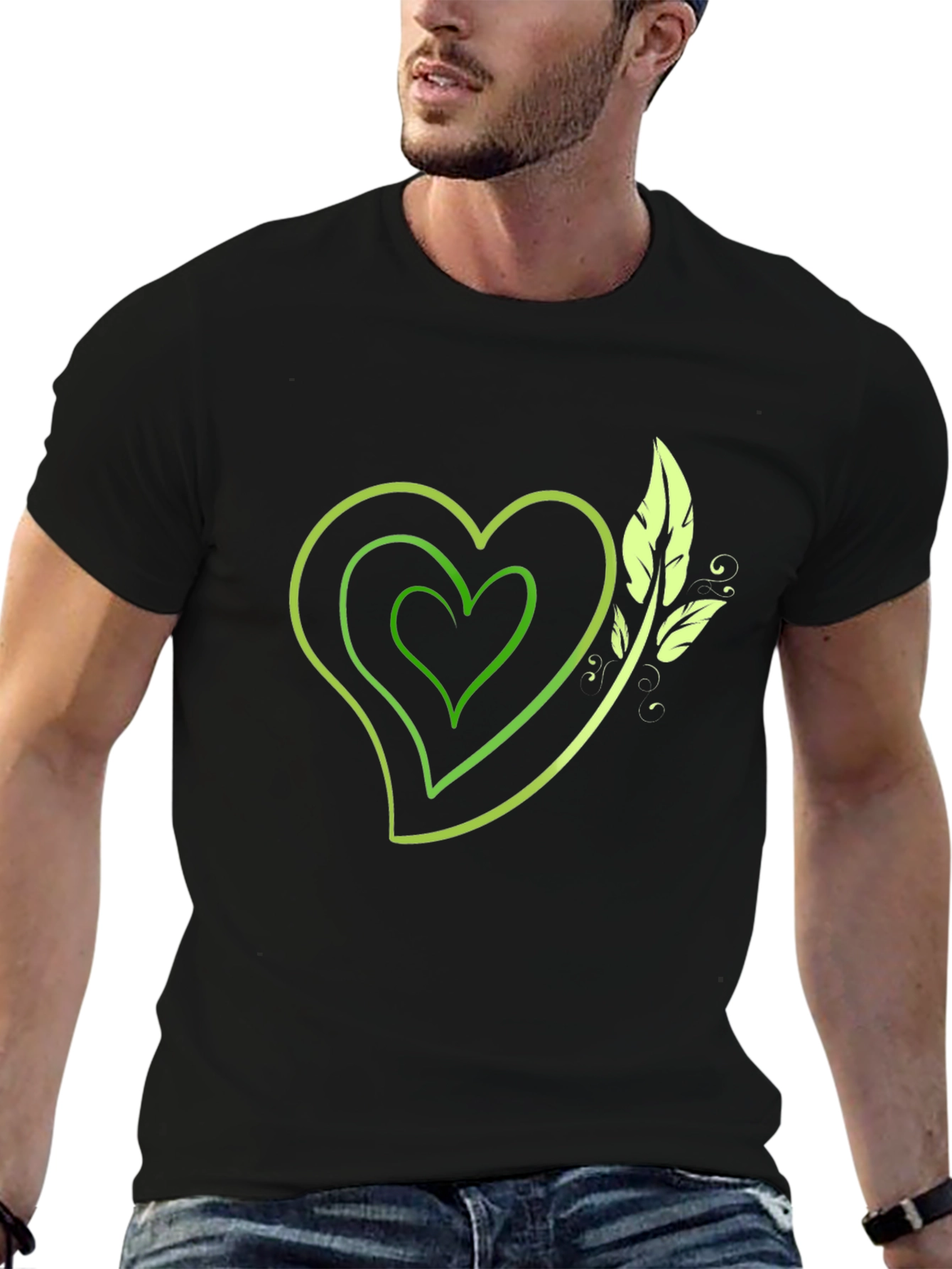 Green Heart & Leaf Graphic Black T-Shirt