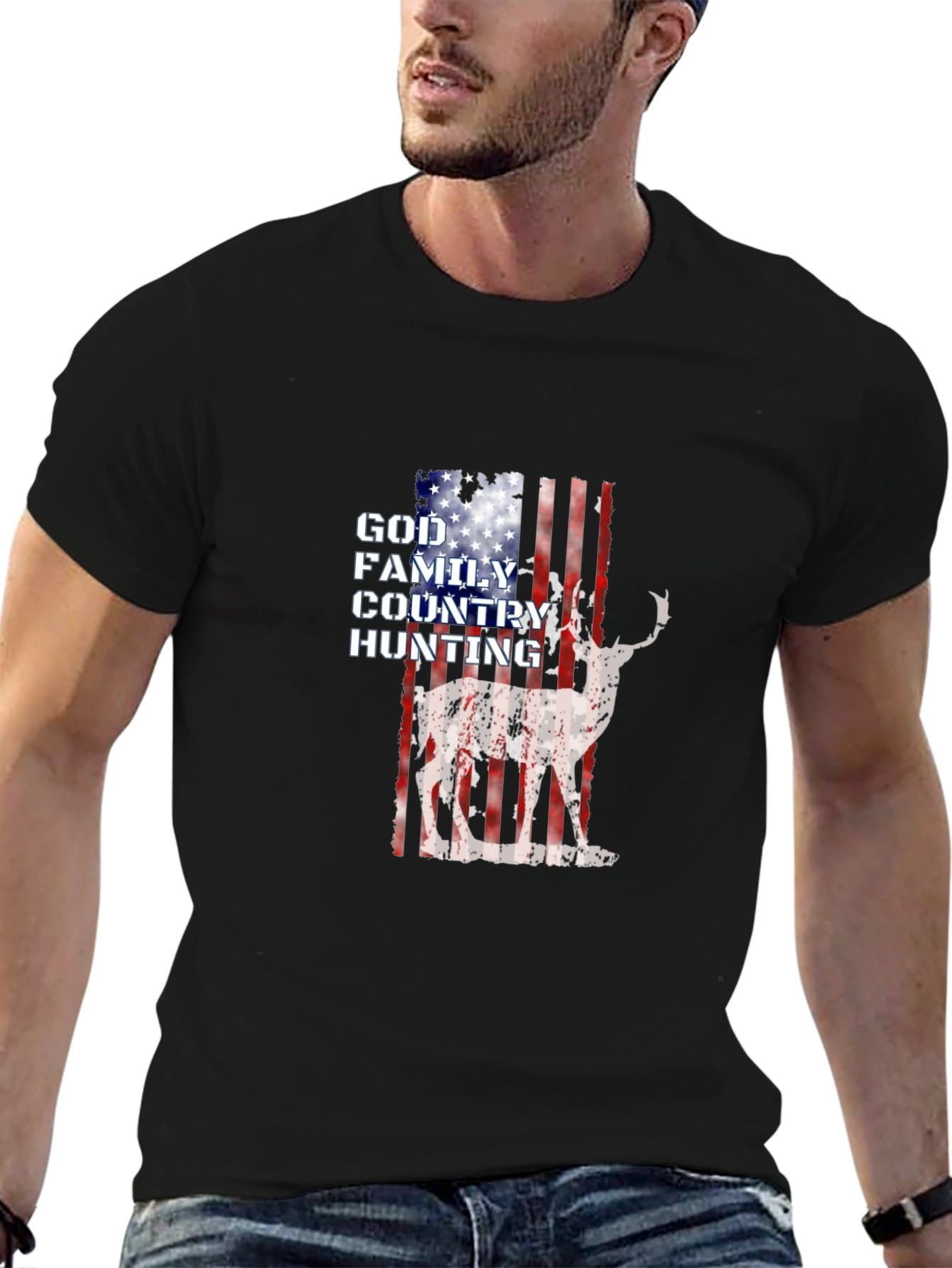God Family Country Hunting American Flag Deer Graphic T-Shirt