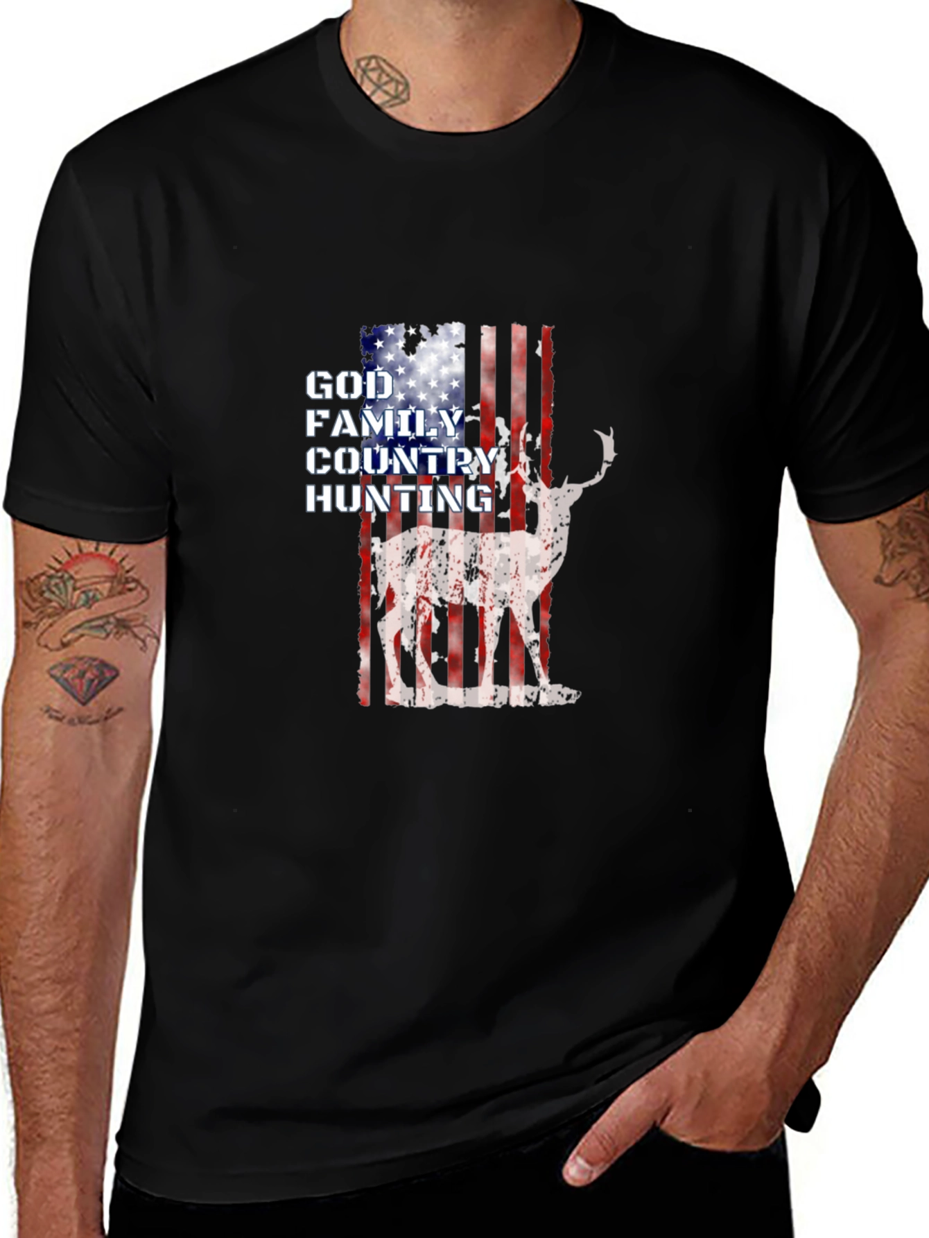 God Family Country Hunting American Flag Deer Graphic T-Shirt