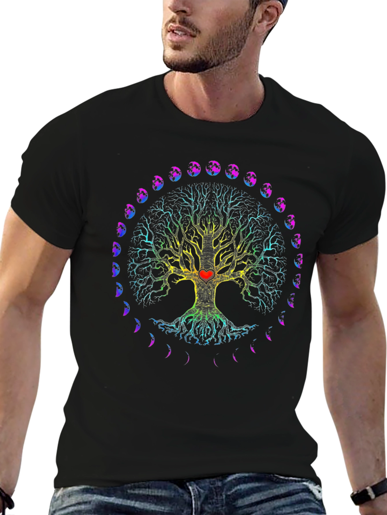 Tree of Life Heart Moon Phases Black T-Shirt