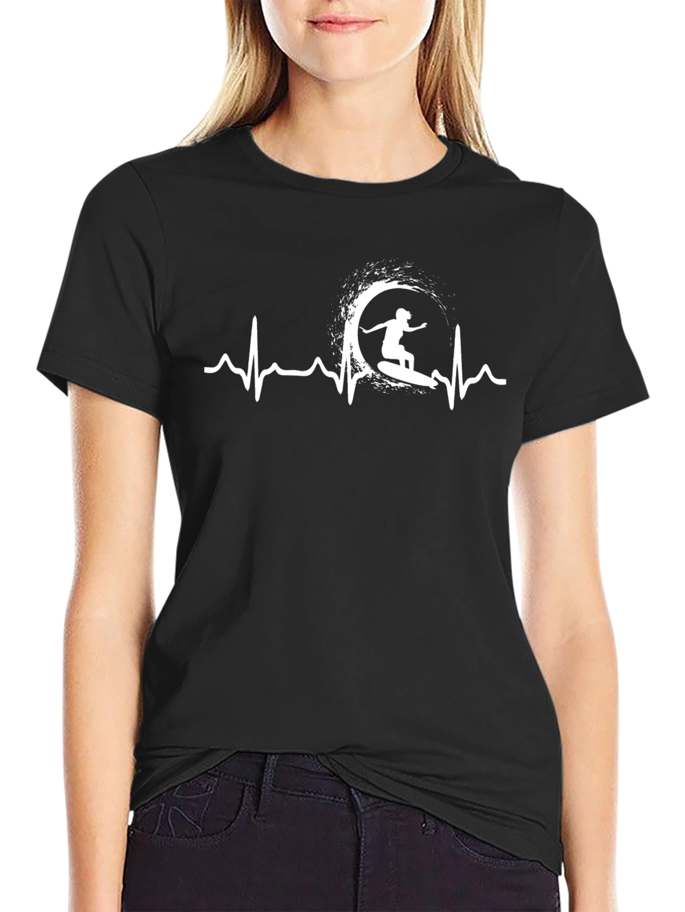 Surfing Heartbeat Graphic Tee - Black