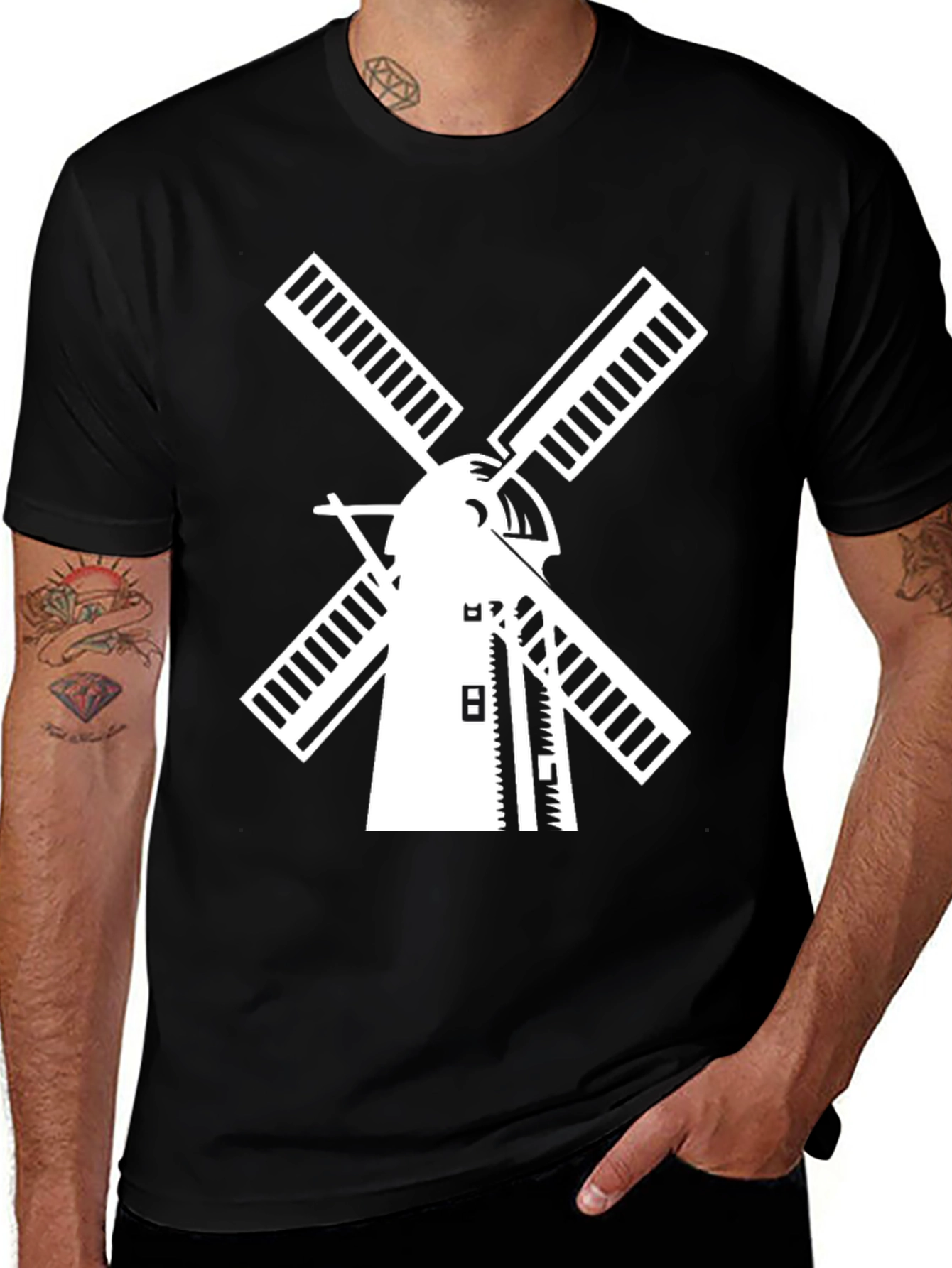 Dutch Windmill Graphic Tee - Black Cotton T-Shirt