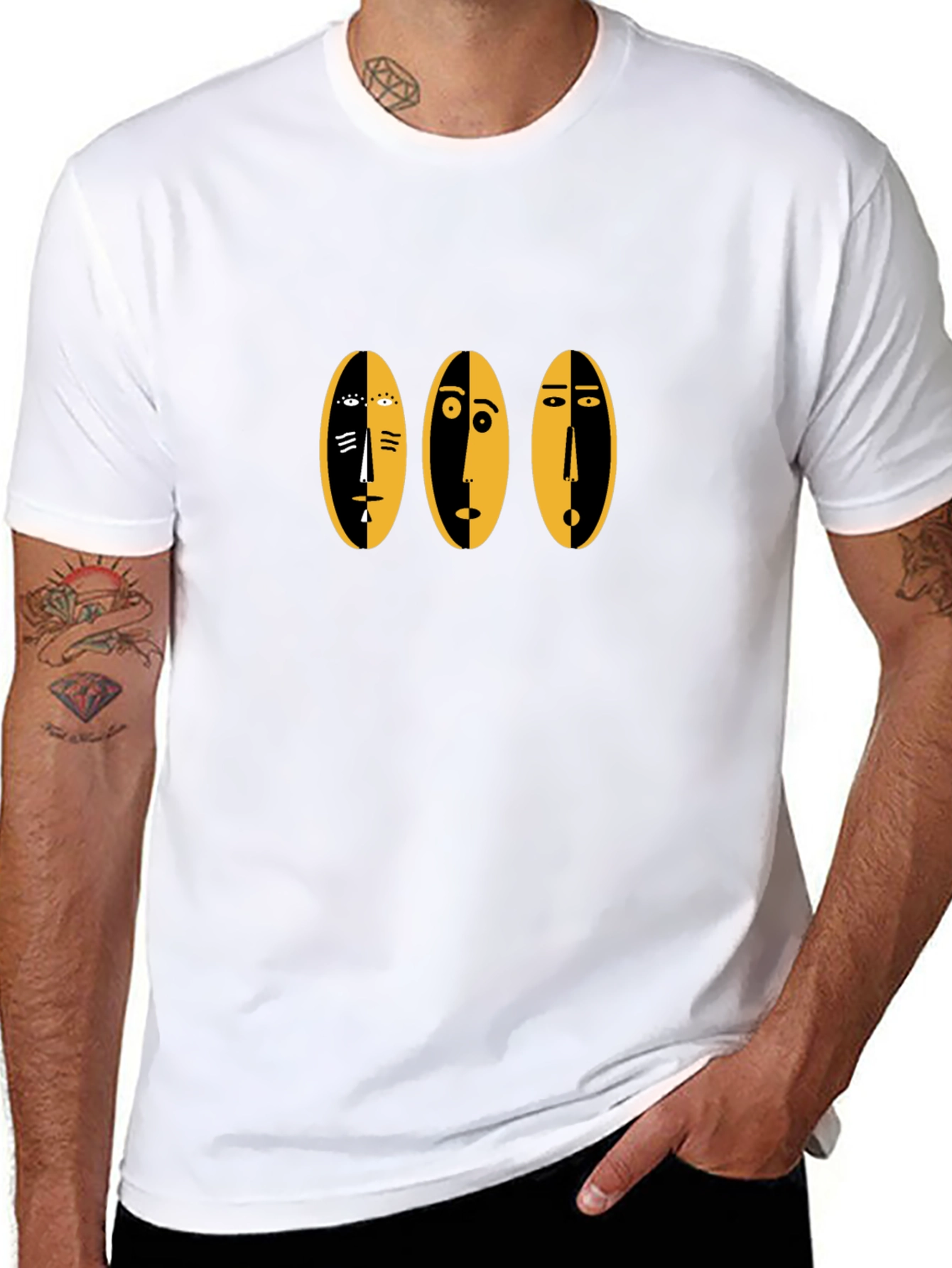 Abstract Faces Graphic Tee - Black Cotton Casual Shirt