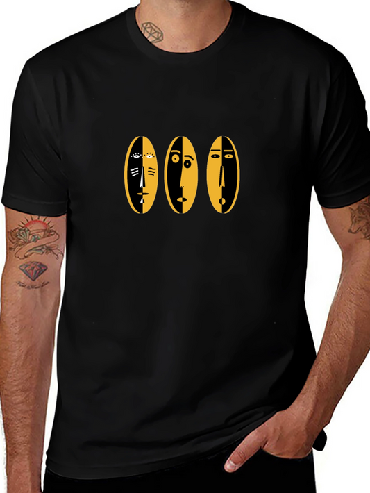 Abstract Faces Graphic Tee - Black Cotton Casual Shirt