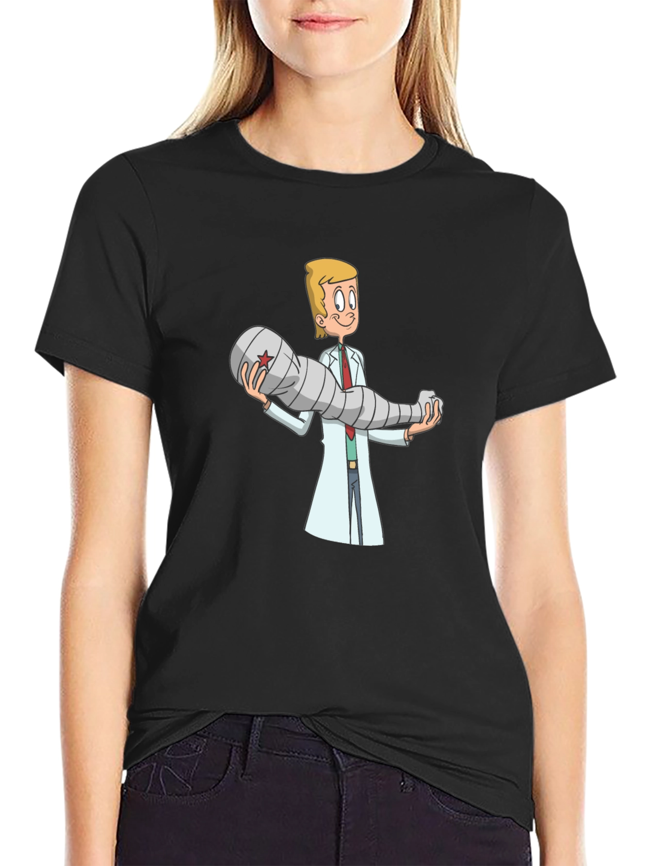 Cartoon Doctor Holding Bionic Arm T-Shirt