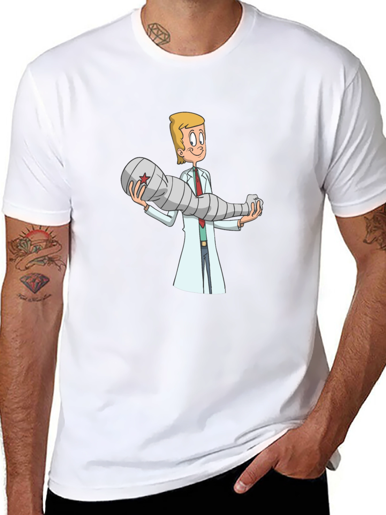 Cartoon Doctor Holding Bionic Arm T-Shirt