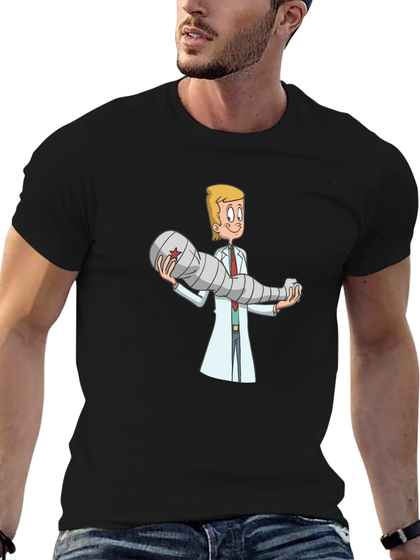 Cartoon Doctor Holding Bionic Arm T-Shirt