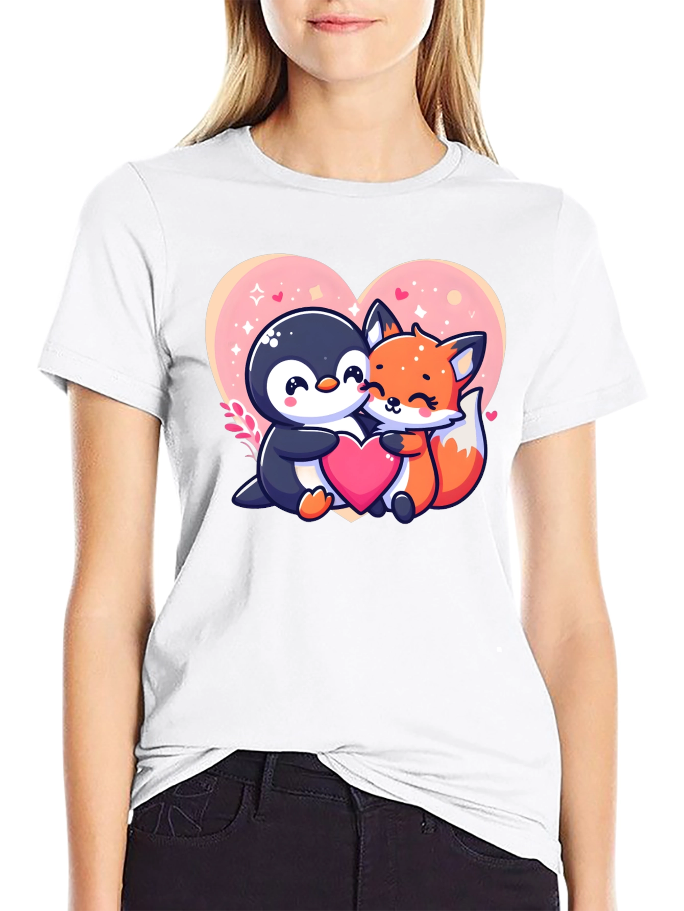 Cute Penguin & Fox Love Heart Graphic Tee