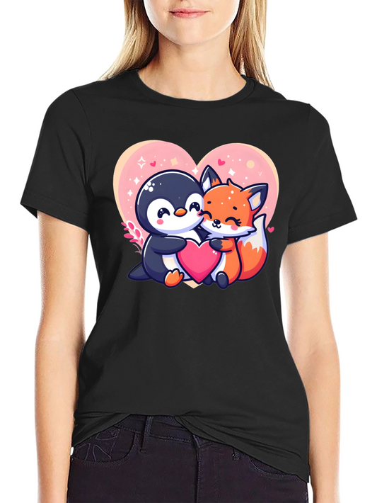 Cute Penguin & Fox Love Heart Graphic Tee