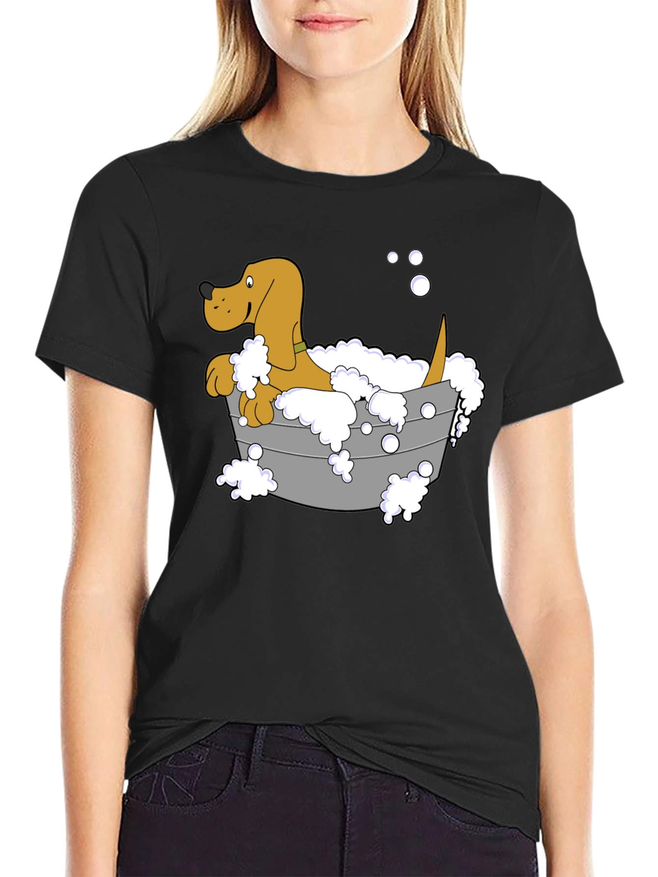 Cartoon Dog in Tub Graphic T-Shirt